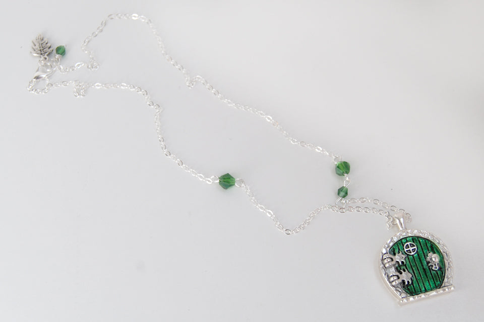 Silver Bag End Hobbit Door Locket | Lord of the Rings Necklace | Hobbit Door Pendant | Green Door Locket - Enchanted Leaves - Nature Jewelry - Unique Handmade Gifts