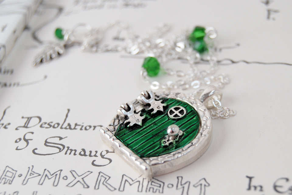 Silver Bag End Hobbit Door Locket | Lord of the Rings Necklace | Hobbit Door Pendant | Green Door Locket - Enchanted Leaves - Nature Jewelry - Unique Handmade Gifts