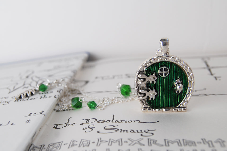 Silver Bag End Hobbit Door Locket | Lord of the Rings Necklace | Hobbit Door Pendant | Green Door Locket - Enchanted Leaves - Nature Jewelry - Unique Handmade Gifts