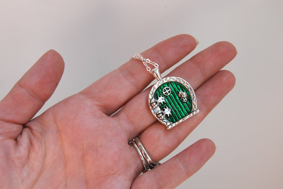 Silver Bag End Hobbit Door Locket | Lord of the Rings Necklace | Hobbit Door Pendant | Green Door Locket - Enchanted Leaves - Nature Jewelry - Unique Handmade Gifts