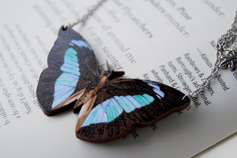 Banded King Butterfly Necklace | Wooden Butterfly Pendant | Insect Jewelry | Woodland Butterfly Art - Enchanted Leaves - Nature Jewelry - Unique Handmade Gifts