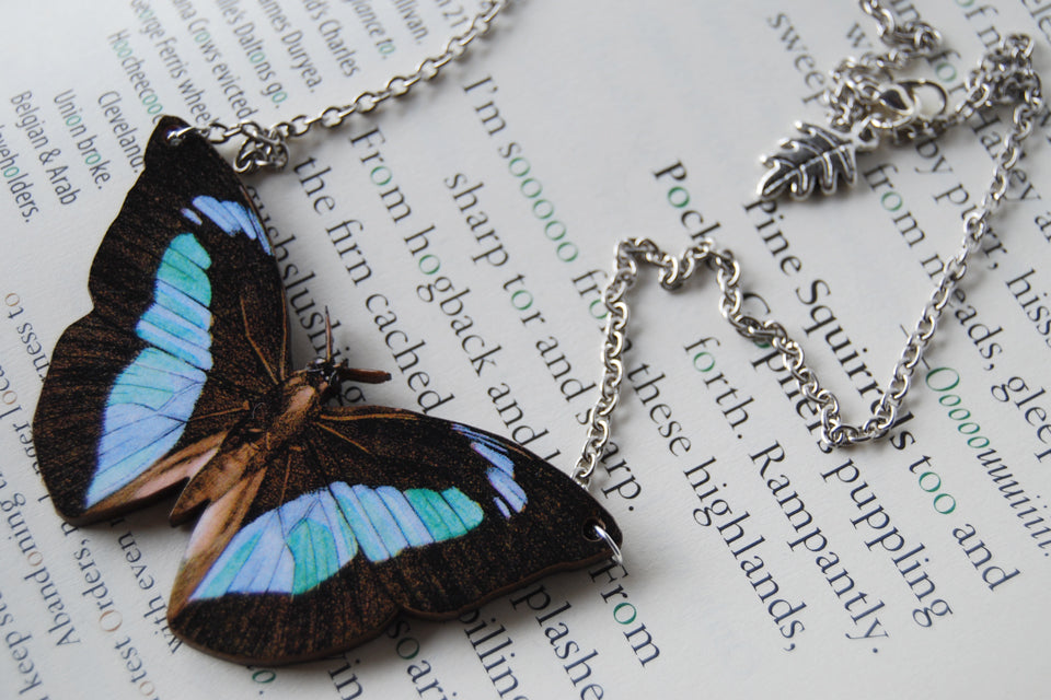 Banded King Butterfly Necklace | Wooden Butterfly Pendant | Insect Jewelry | Woodland Butterfly Art - Enchanted Leaves - Nature Jewelry - Unique Handmade Gifts