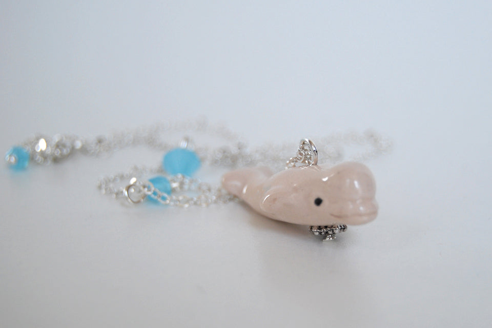 Beluga Whale Necklace | Cute Whale Necklace | Ceramic White Beluga Charm Necklace - Enchanted Leaves - Nature Jewelry - Unique Handmade Gifts