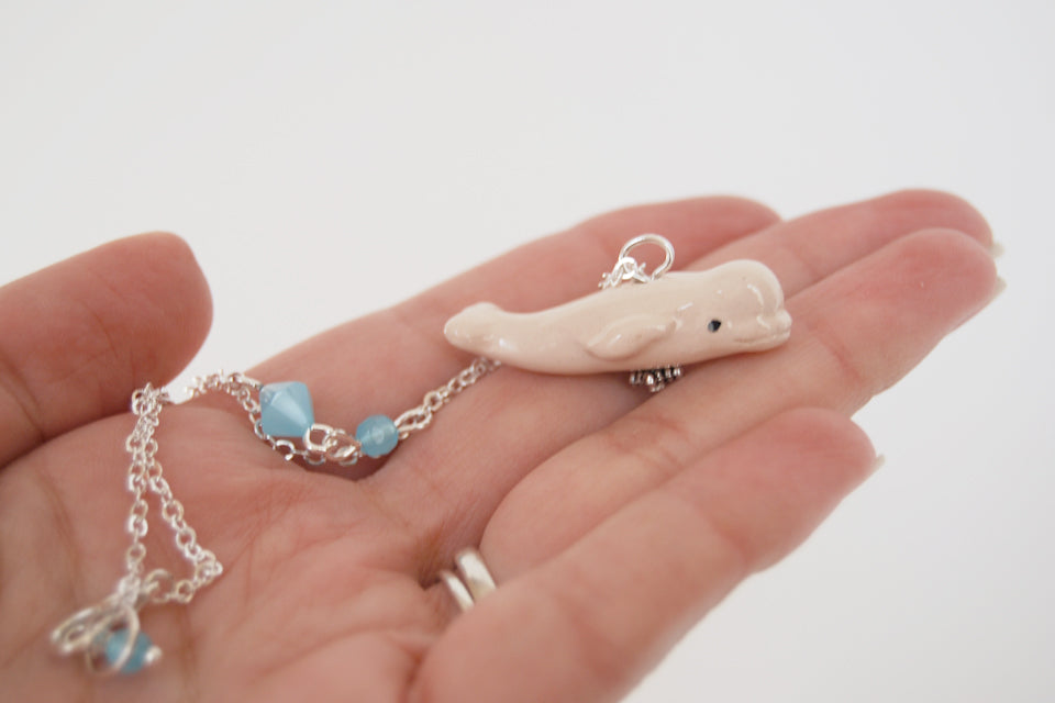 Beluga Whale Necklace | Cute Whale Necklace | Ceramic White Beluga Charm Necklace - Enchanted Leaves - Nature Jewelry - Unique Handmade Gifts