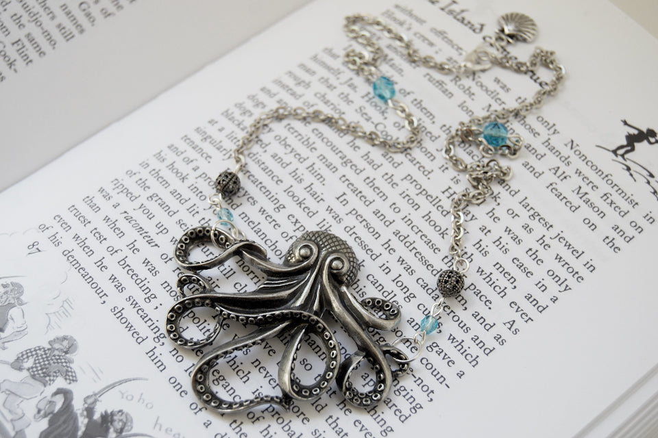 Large Silver Octopus Necklace | Nautical Jewelry | Octopus Pendant - Enchanted Leaves - Nature Jewelry - Unique Handmade Gifts