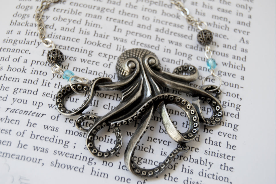 Large Silver Octopus Necklace | Nautical Jewelry | Octopus Pendant - Enchanted Leaves - Nature Jewelry - Unique Handmade Gifts