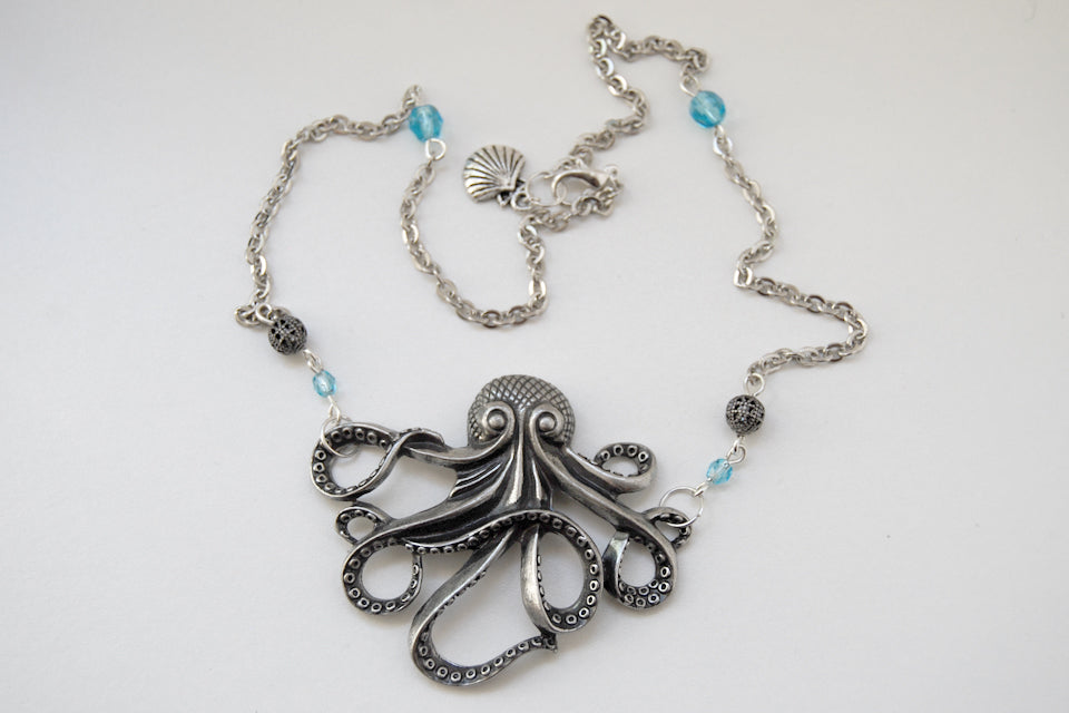 Large Silver Octopus Necklace | Nautical Jewelry | Octopus Pendant - Enchanted Leaves - Nature Jewelry - Unique Handmade Gifts