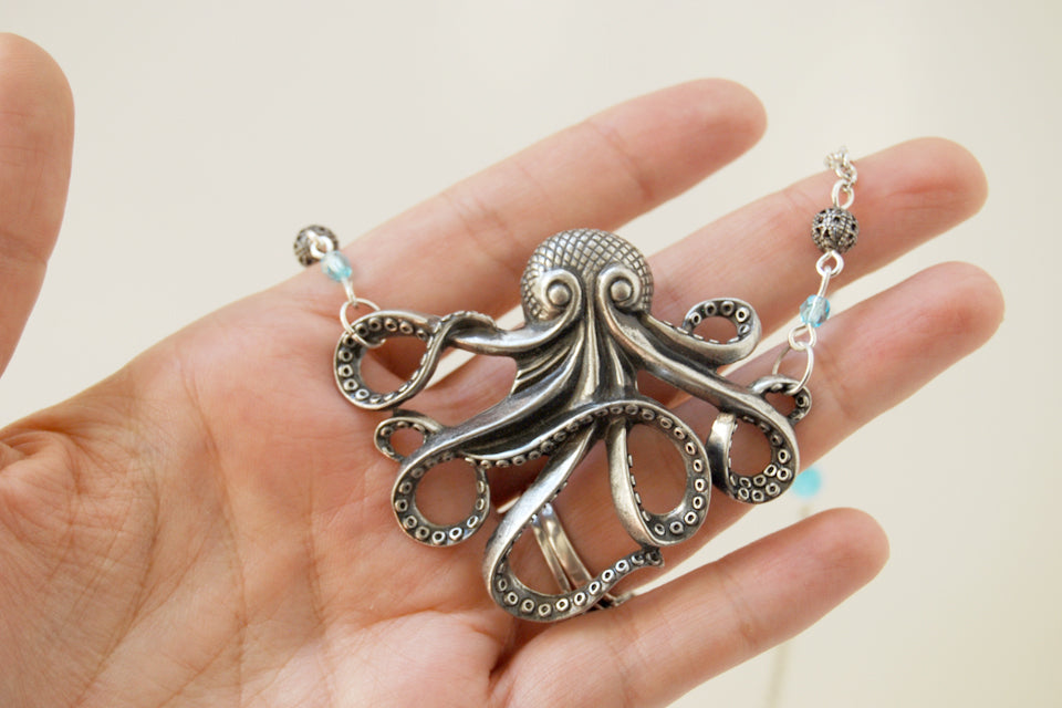 Large Silver Octopus Necklace | Nautical Jewelry | Octopus Pendant - Enchanted Leaves - Nature Jewelry - Unique Handmade Gifts