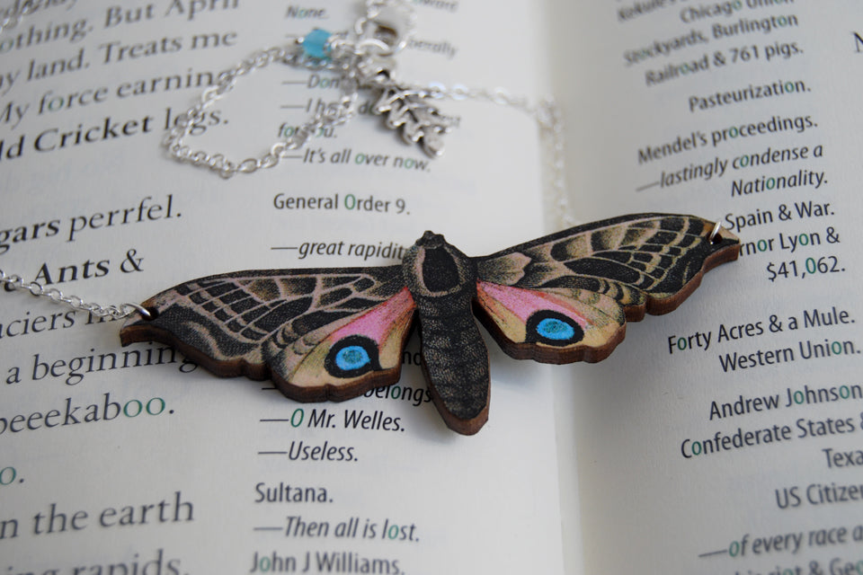 Blind Eyed Hawk Moth Necklace | Wooden Butterfly Pendant | Insect Jewelry | Woodland Moth Art - Enchanted Leaves - Nature Jewelry - Unique Handmade Gifts