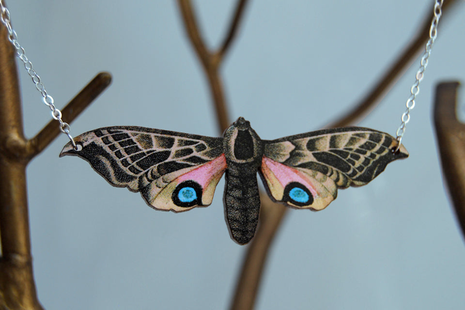 Blind Eyed Hawk Moth Necklace | Wooden Butterfly Pendant | Insect Jewelry | Woodland Moth Art - Enchanted Leaves - Nature Jewelry - Unique Handmade Gifts