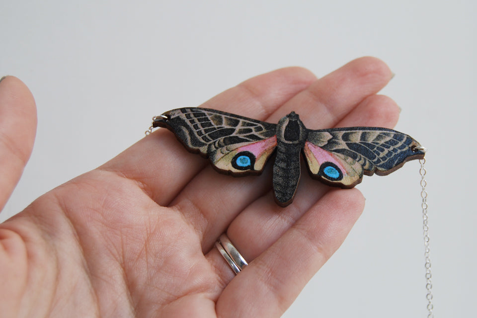 Blind Eyed Hawk Moth Necklace | Wooden Butterfly Pendant | Insect Jewelry | Woodland Moth Art - Enchanted Leaves - Nature Jewelry - Unique Handmade Gifts