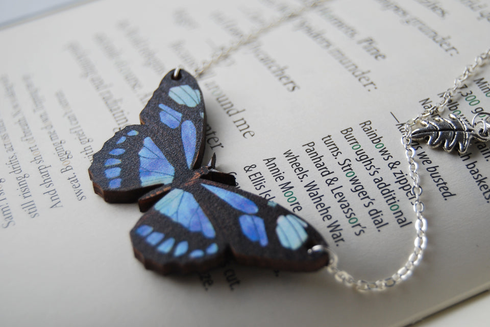 Blue Longwing Butterfly Necklace | Wooden Butterfly Pendant | Woodland Insect Butterfly Art Jewelry - Enchanted Leaves - Nature Jewelry - Unique Handmade Gifts