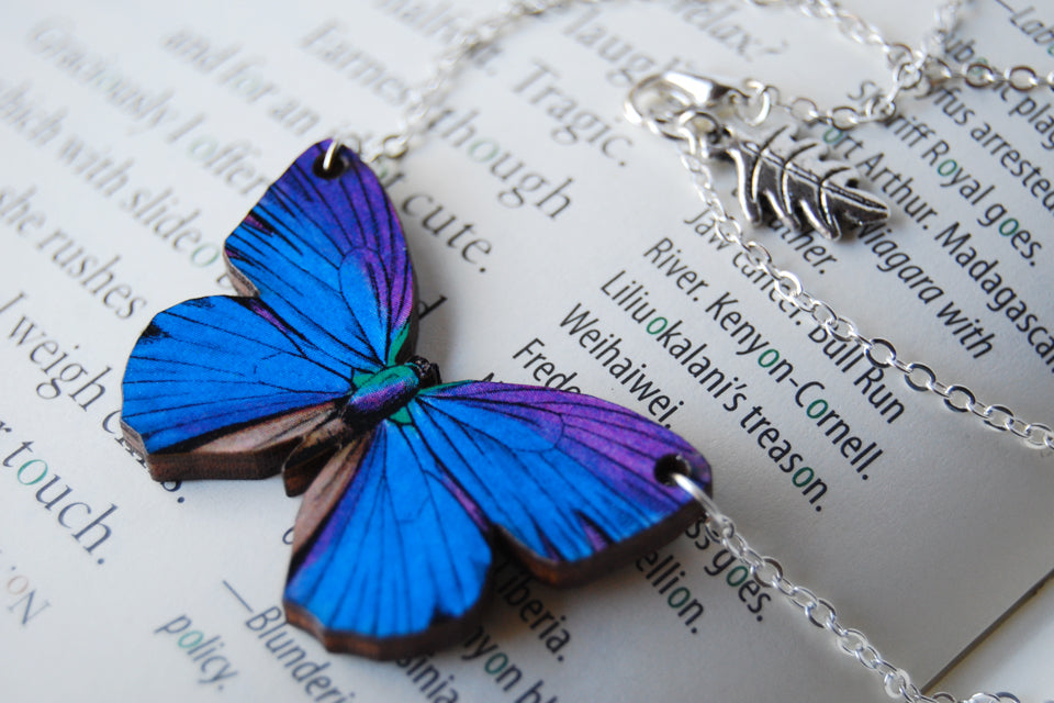 Blue Morpho Butterfly Necklace | Magical Butterfly Pendant | Butterfly Jewelry - Enchanted Leaves - Nature Jewelry - Unique Handmade Gifts