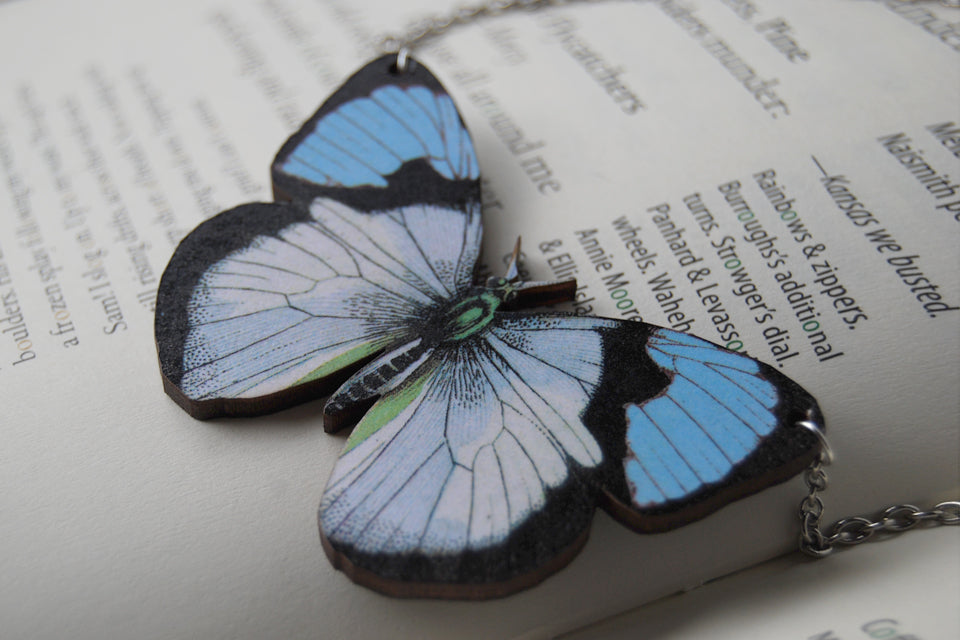Blue Tip Butterfly Necklace | Wooden Butterfly Pendant | Insect Jewelry | Woodland Butterfly Art - Enchanted Leaves - Nature Jewelry - Unique Handmade Gifts