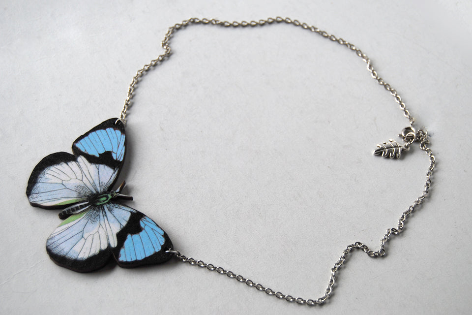 Blue Tip Butterfly Necklace | Wooden Butterfly Pendant | Insect Jewelry | Woodland Butterfly Art - Enchanted Leaves - Nature Jewelry - Unique Handmade Gifts