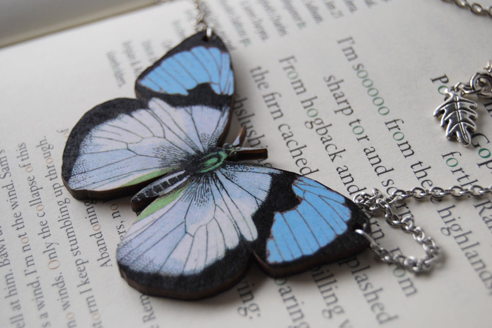 Blue Tip Butterfly Necklace | Wooden Butterfly Pendant | Insect Jewelry | Woodland Butterfly Art - Enchanted Leaves - Nature Jewelry - Unique Handmade Gifts