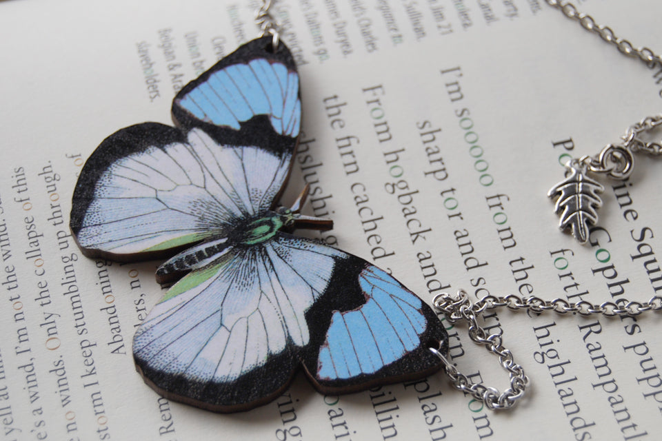 Blue Tip Butterfly Necklace | Wooden Butterfly Pendant | Insect Jewelry | Woodland Butterfly Art - Enchanted Leaves - Nature Jewelry - Unique Handmade Gifts