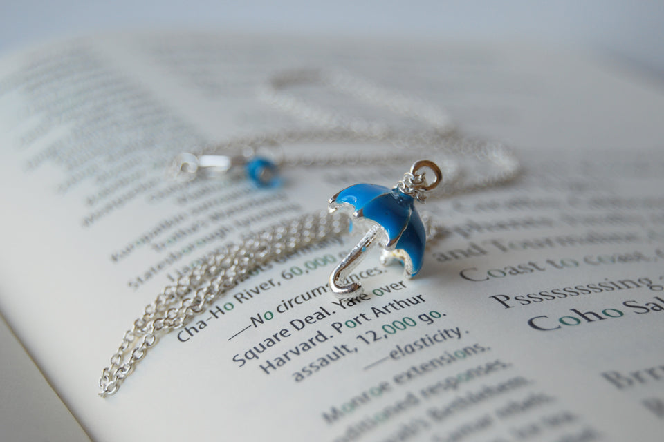 Let the Rain Come | Blue Umbrella Charm Necklace | Cute Umbrella Necklace - Enchanted Leaves - Nature Jewelry - Unique Handmade Gifts