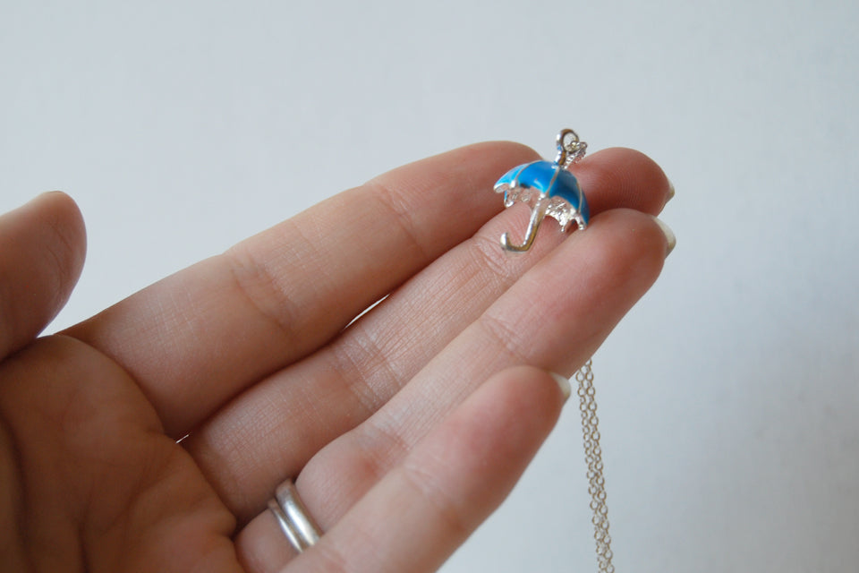 Let the Rain Come | Blue Umbrella Charm Necklace | Cute Umbrella Necklace - Enchanted Leaves - Nature Jewelry - Unique Handmade Gifts