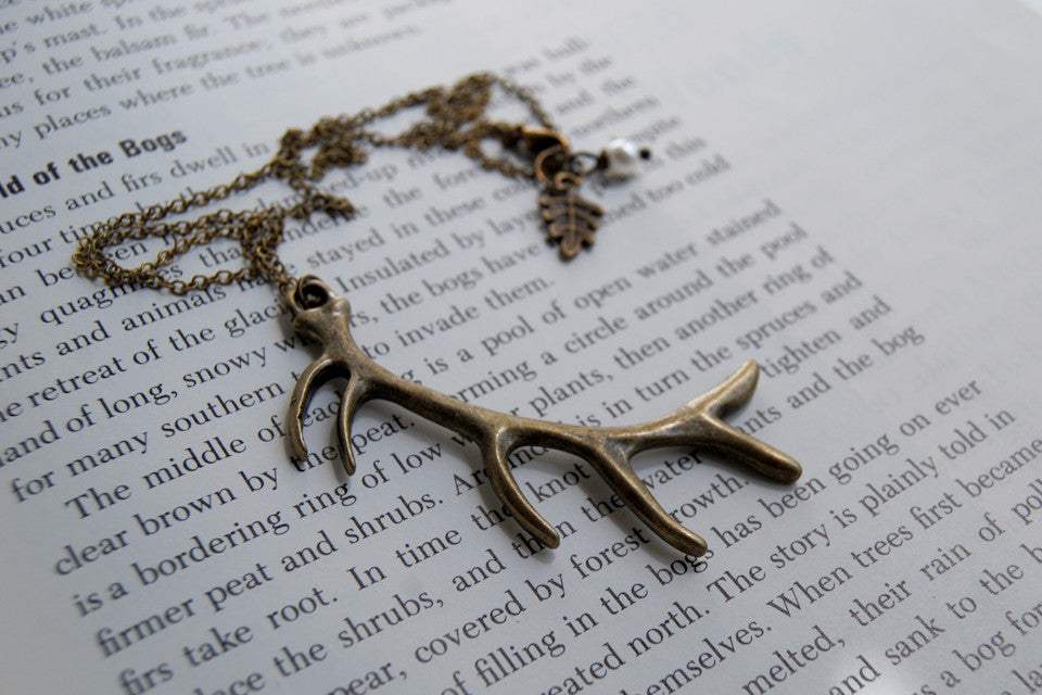 Antiqued Brass Antler Necklace | Woodland Deer Jewelry | Boho Antler Pendant - Enchanted Leaves - Nature Jewelry - Unique Handmade Gifts