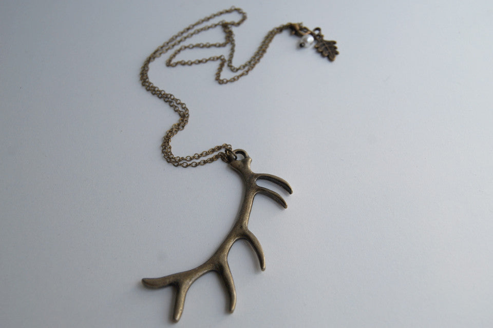 Antiqued Brass Antler Necklace | Woodland Deer Jewelry | Boho Antler Pendant - Enchanted Leaves - Nature Jewelry - Unique Handmade Gifts