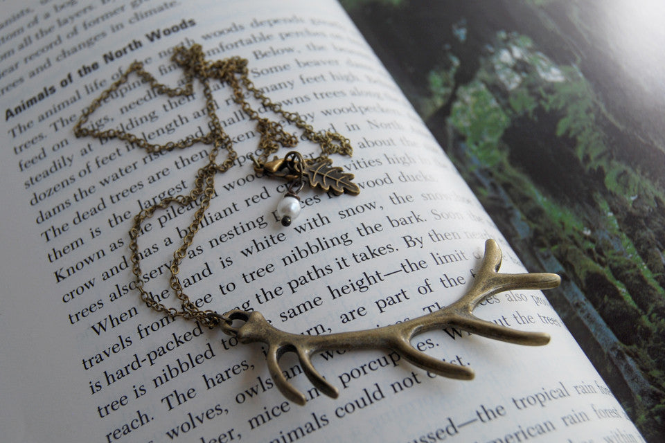 Antiqued Brass Antler Necklace | Woodland Deer Jewelry | Boho Antler Pendant - Enchanted Leaves - Nature Jewelry - Unique Handmade Gifts