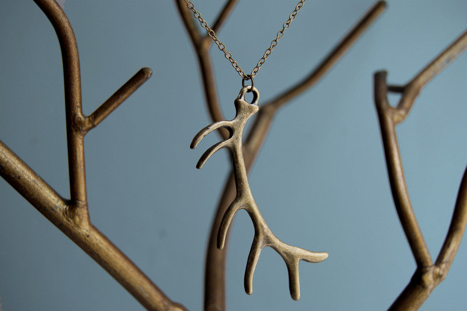 Antiqued Brass Antler Necklace | Woodland Deer Jewelry | Boho Antler Pendant - Enchanted Leaves - Nature Jewelry - Unique Handmade Gifts