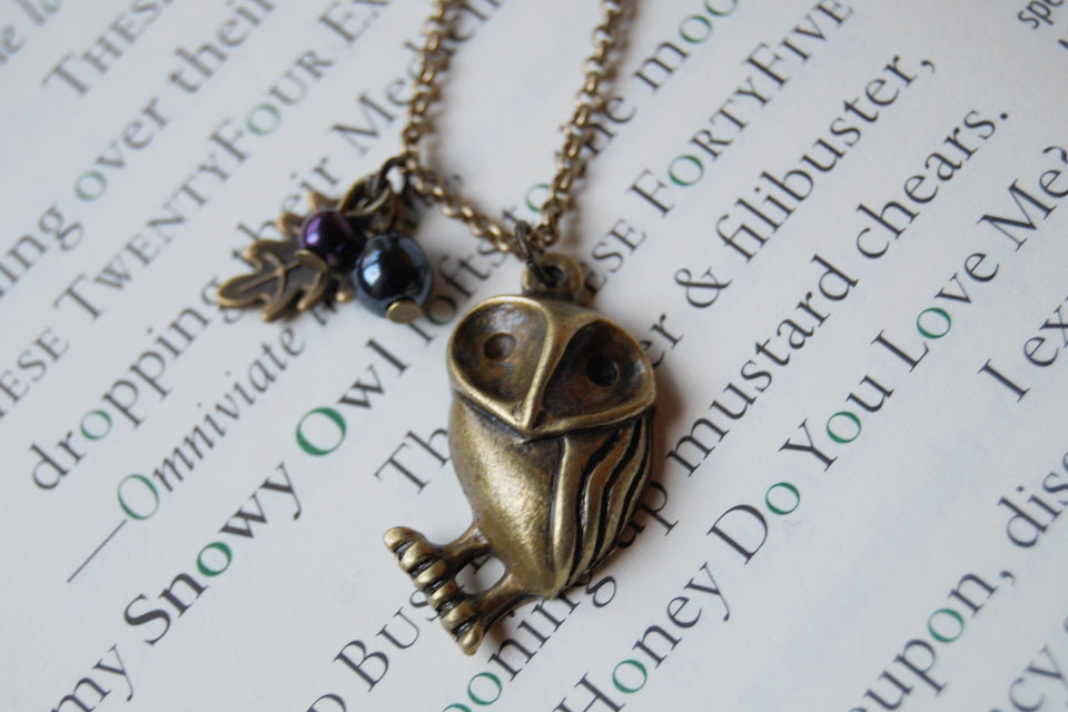 Brass Barn Owl Necklace | Owl Charm | Woodland Owl Necklace - Enchanted Leaves - Nature Jewelry - Unique Handmade Gifts