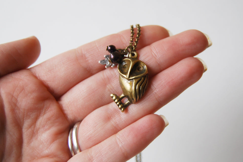 Brass Barn Owl Necklace | Owl Charm | Woodland Owl Necklace - Enchanted Leaves - Nature Jewelry - Unique Handmade Gifts