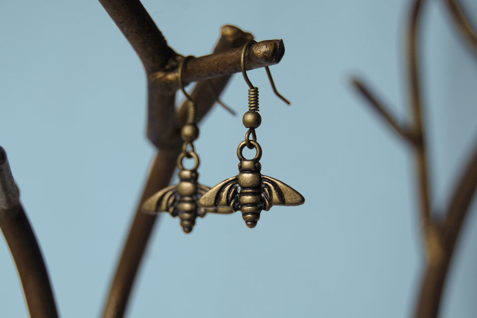 Brass Bee Earrings | Bee Charm Jewelry | Woodland Earrings - Enchanted Leaves - Nature Jewelry - Unique Handmade Gifts