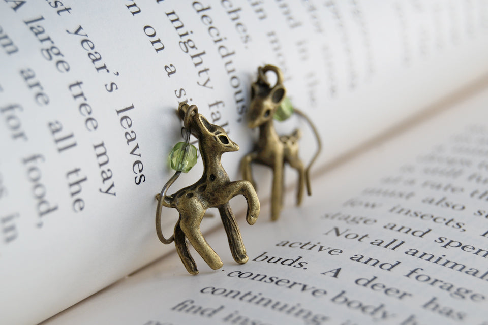 Little Brass Deer Earrings | Forest Deer Earrings | Deer Charm - Enchanted Leaves - Nature Jewelry - Unique Handmade Gifts