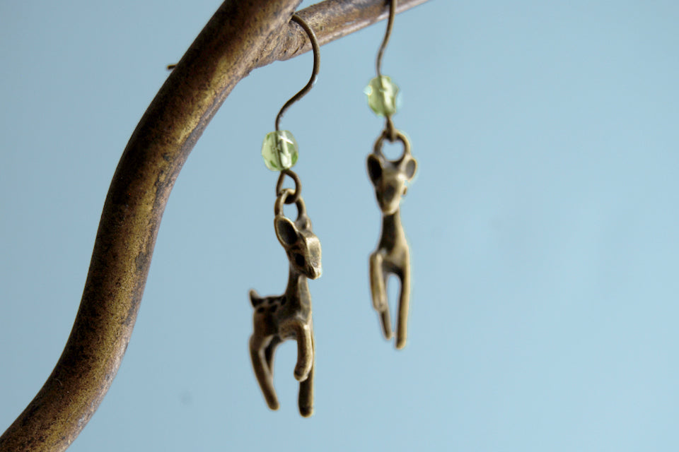 Little Brass Deer Earrings | Forest Deer Earrings | Deer Charm - Enchanted Leaves - Nature Jewelry - Unique Handmade Gifts