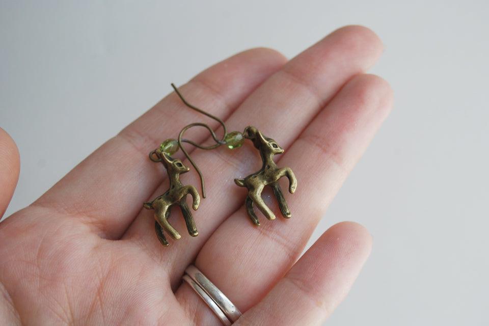 Little Brass Deer Earrings | Forest Deer Earrings | Deer Charm - Enchanted Leaves - Nature Jewelry - Unique Handmade Gifts