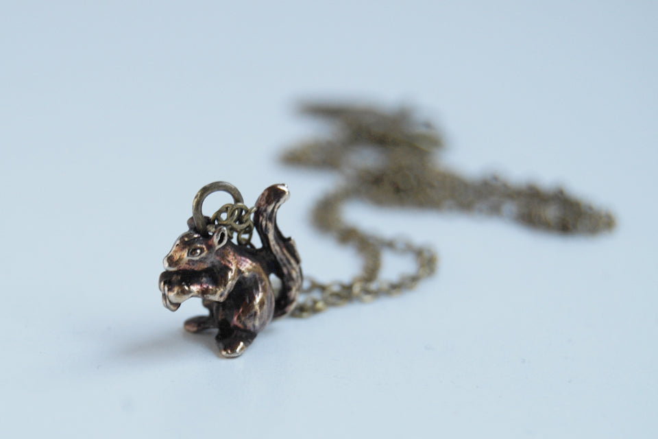 Brass Squirrel Necklace | Squirrel Charm | Woodland Necklace | Fall Squirrel - Enchanted Leaves - Nature Jewelry - Unique Handmade Gifts