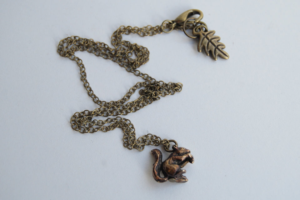 Brass Squirrel Necklace | Squirrel Charm | Woodland Necklace | Fall Squirrel - Enchanted Leaves - Nature Jewelry - Unique Handmade Gifts