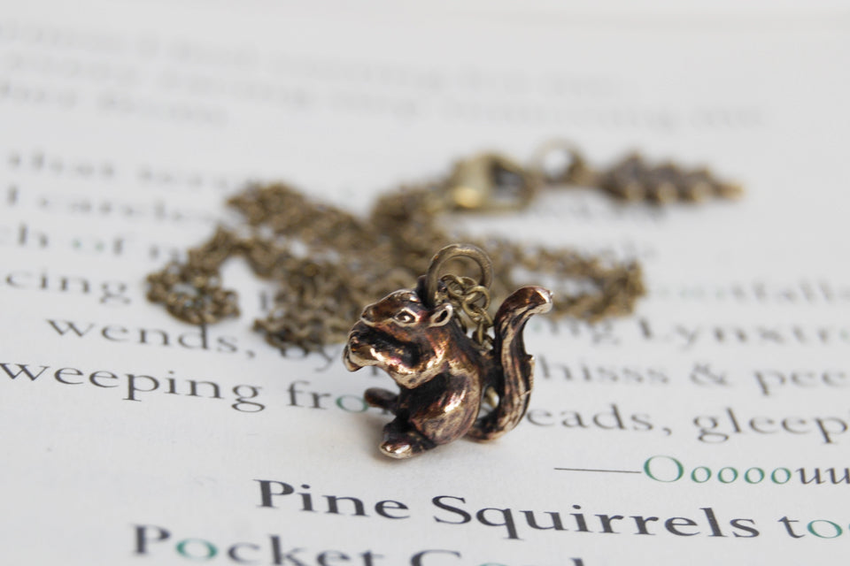 Brass Squirrel Necklace | Squirrel Charm | Woodland Necklace | Fall Squirrel - Enchanted Leaves - Nature Jewelry - Unique Handmade Gifts