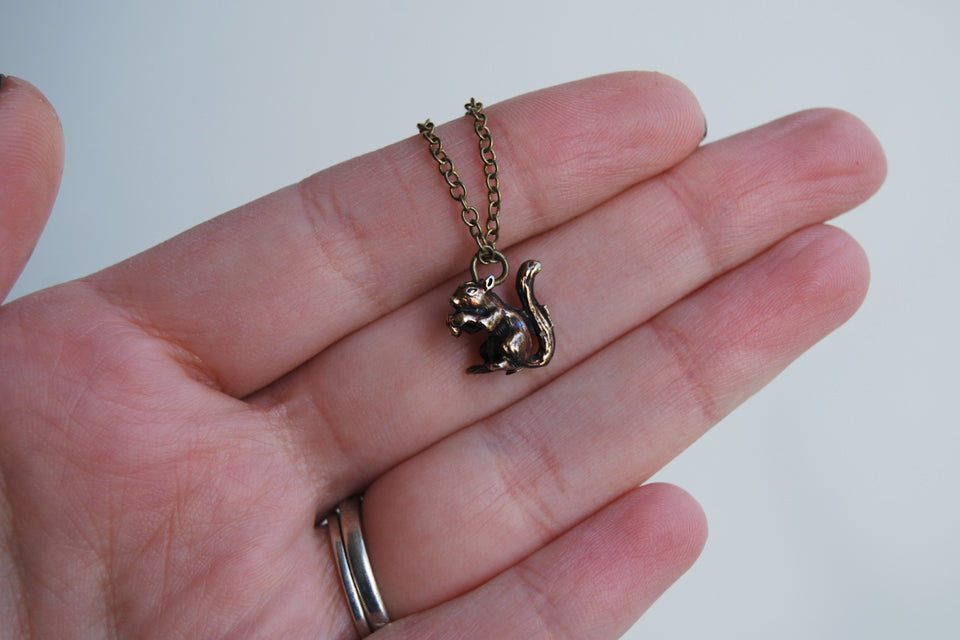 Brass Squirrel Necklace | Squirrel Charm | Woodland Necklace | Fall Squirrel - Enchanted Leaves - Nature Jewelry - Unique Handmade Gifts