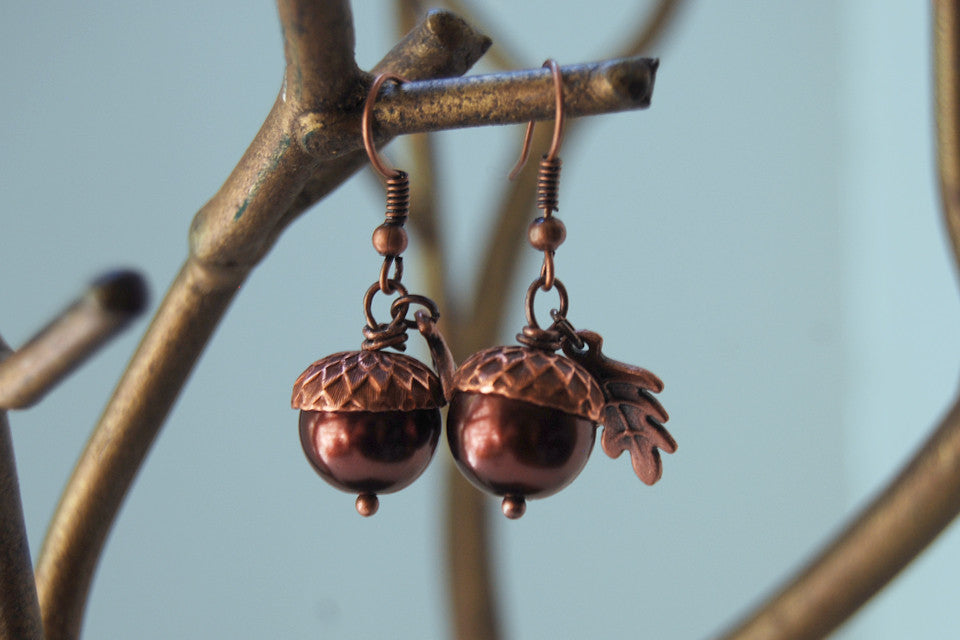 Copper Acorn Earrings | Pearl or Gemstone Acorn Charm Earrings | Fall Earrings | Nature Jewelry - Enchanted Leaves - Nature Jewelry - Unique Handmade Gifts