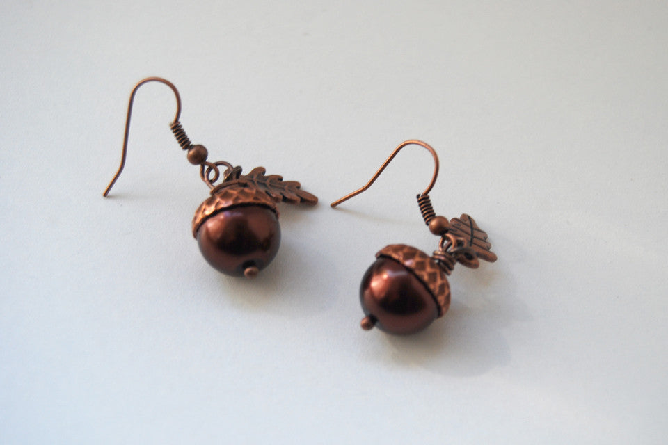 Copper Acorn Earrings | Pearl or Gemstone Acorn Charm Earrings | Fall Earrings | Nature Jewelry - Enchanted Leaves - Nature Jewelry - Unique Handmade Gifts