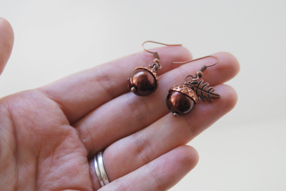 Copper Acorn Earrings | Pearl or Gemstone Acorn Charm Earrings | Fall Earrings | Nature Jewelry - Enchanted Leaves - Nature Jewelry - Unique Handmade Gifts