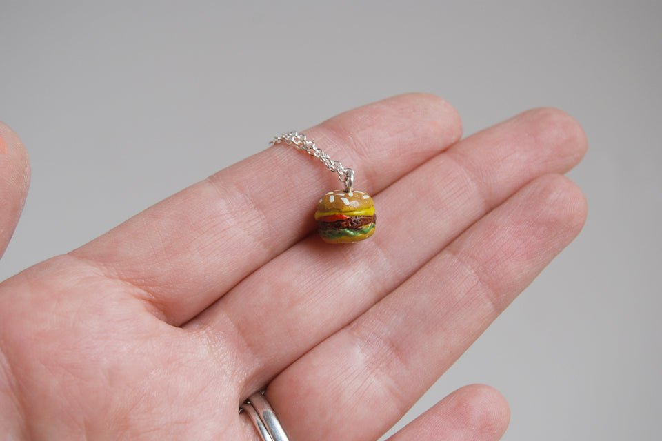 Itty Bitty Burger Necklace | Hamburger Charm Necklace | Cute Food Jewelry - Enchanted Leaves - Nature Jewelry - Unique Handmade Gifts