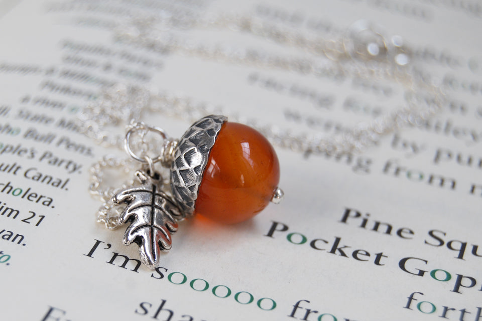 Carnelian and Silver Acorn Necklace | Gemstone Acorn Charm Necklace | Cute Autumn Necklace | Nature Jewelry - Enchanted Leaves - Nature Jewelry - Unique Handmade Gifts