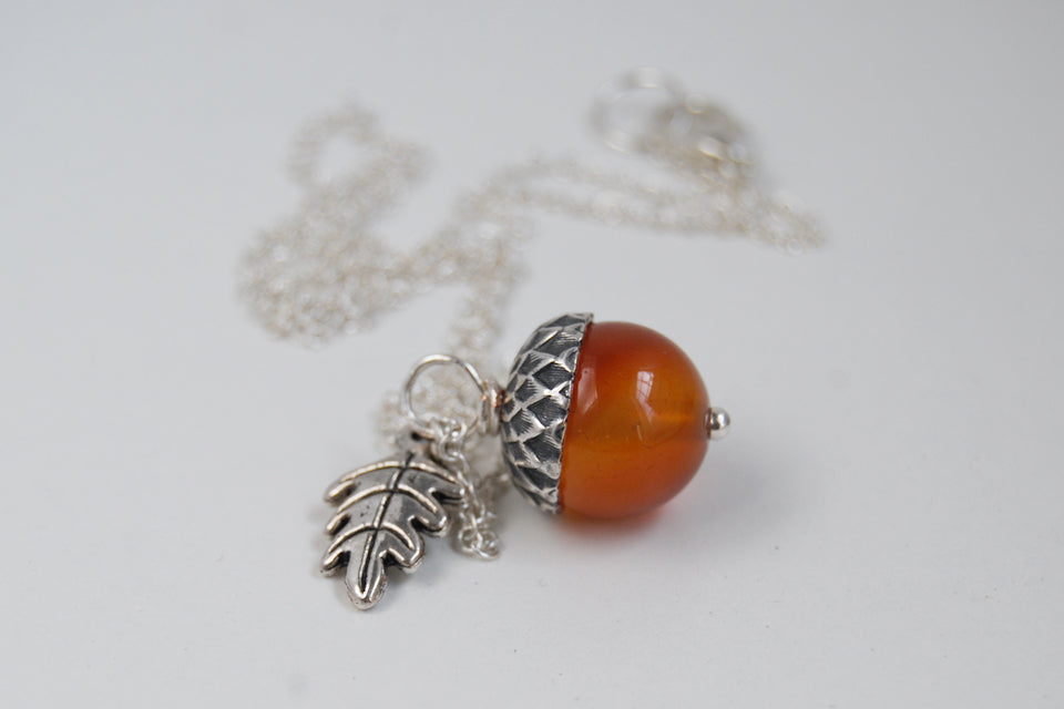 Carnelian and Silver Acorn Necklace | Gemstone Acorn Charm Necklace | Cute Autumn Necklace | Nature Jewelry - Enchanted Leaves - Nature Jewelry - Unique Handmade Gifts