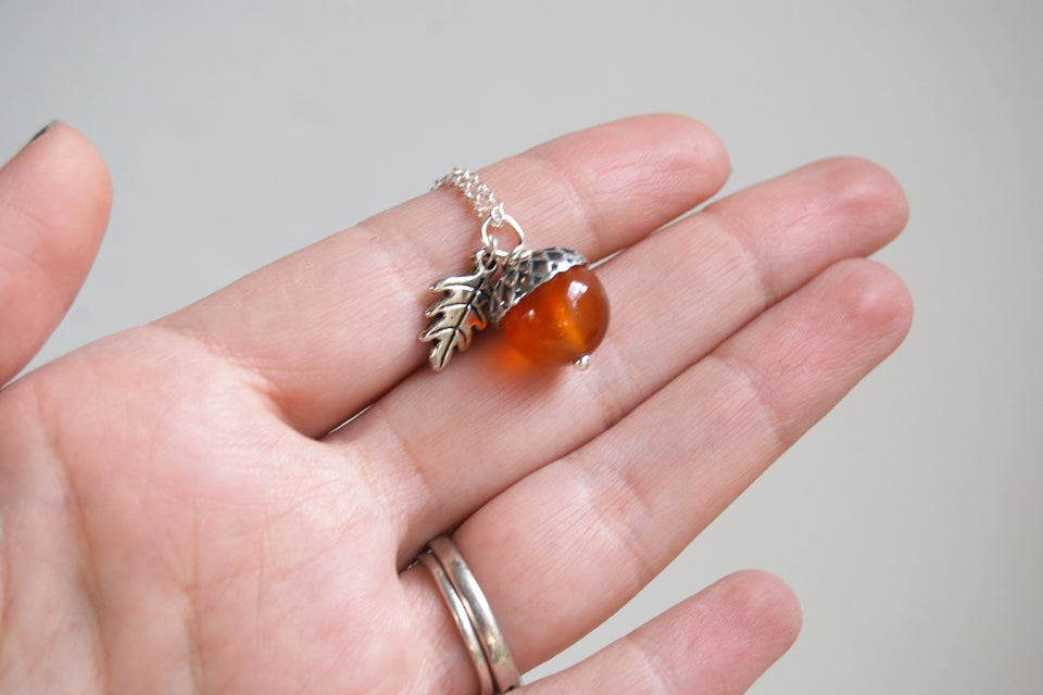 Carnelian and Silver Acorn Necklace | Gemstone Acorn Charm Necklace | Cute Autumn Necklace | Nature Jewelry - Enchanted Leaves - Nature Jewelry - Unique Handmade Gifts