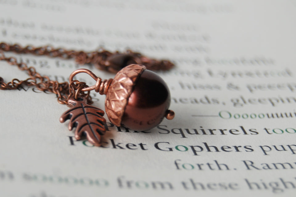 Chocolate and Copper Pearl Acorn Necklace | Gemstone Acorn Charm Necklace | Cute Autumn Necklace | Nature Jewelry - Enchanted Leaves - Nature Jewelry - Unique Handmade Gifts