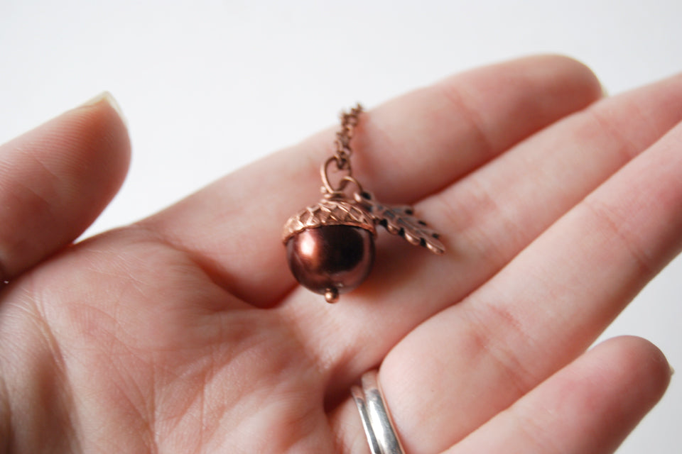 Chocolate and Copper Pearl Acorn Necklace | Gemstone Acorn Charm Necklace | Cute Autumn Necklace | Nature Jewelry - Enchanted Leaves - Nature Jewelry - Unique Handmade Gifts