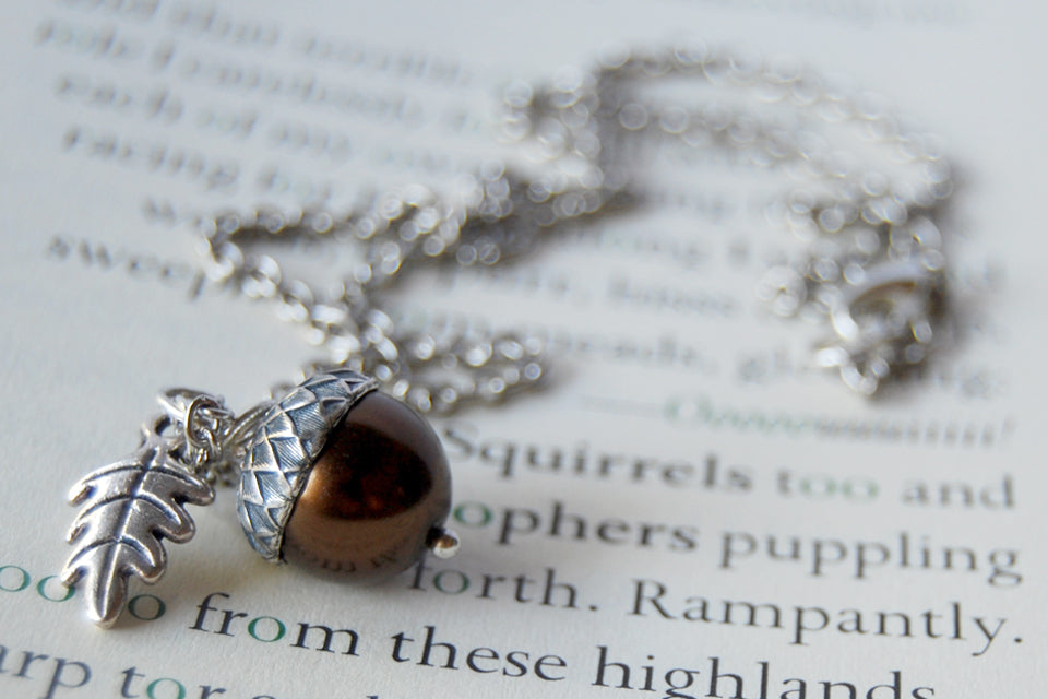 Chocolate & Silver Pearl Acorn Necklace | Fall Brown Acorn Charm Necklace | Autumn Nature Jewelry - Enchanted Leaves - Nature Jewelry - Unique Handmade Gifts