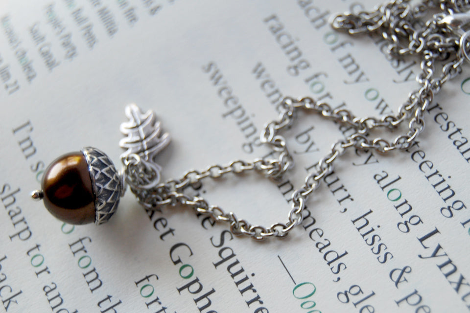 Chocolate & Silver Pearl Acorn Necklace | Fall Brown Acorn Charm Necklace | Autumn Nature Jewelry - Enchanted Leaves - Nature Jewelry - Unique Handmade Gifts