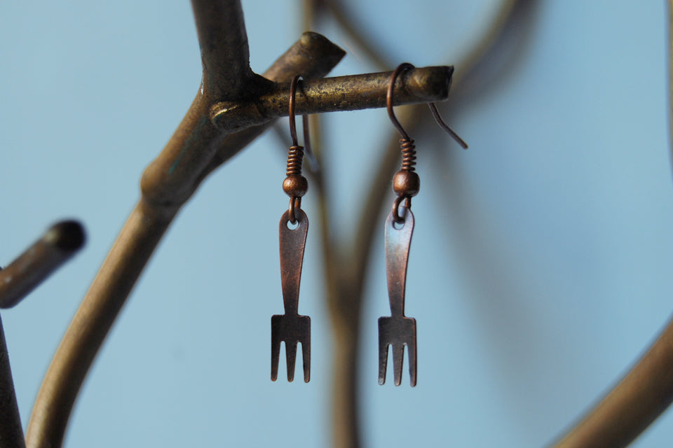 Tiny Copper Utensil Earrings - Enchanted Leaves - Nature Jewelry - Unique Handmade Gifts