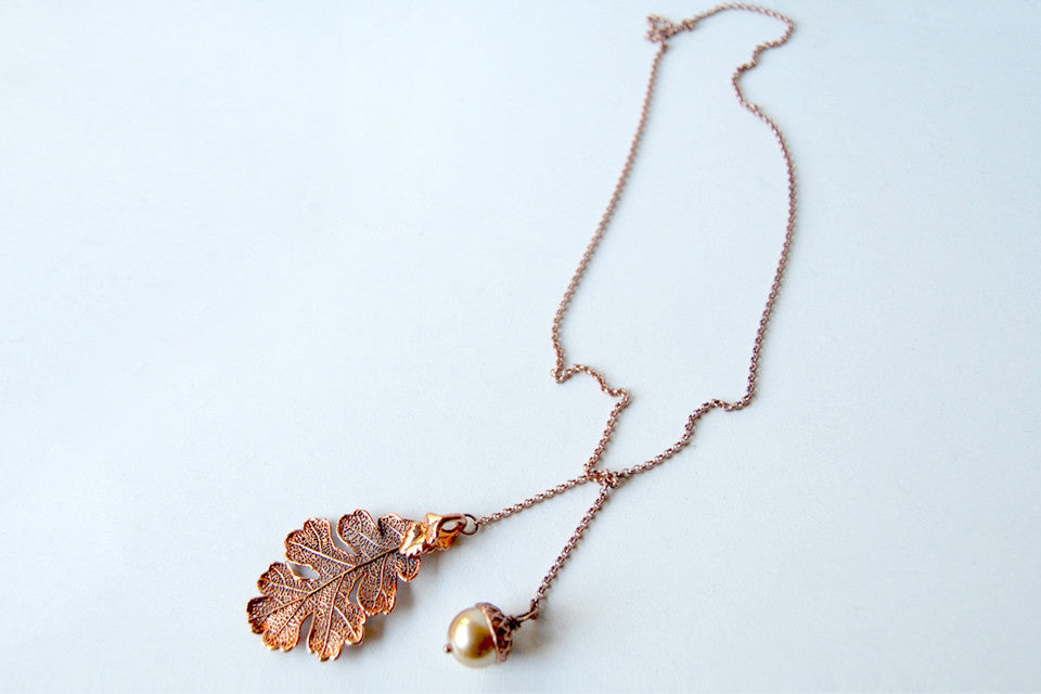 Copper Acorn and Oak Leaf Lariat | Autumn Jewelry | Electroformed Necklace | Fall Leaf Necklace - Enchanted Leaves - Nature Jewelry - Unique Handmade Gifts